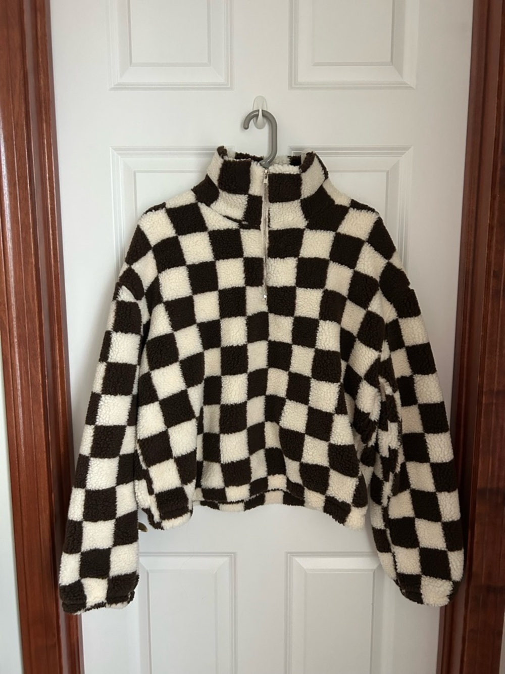 Checkered Sherpa Half-Zip Pullover - Brown & Cream